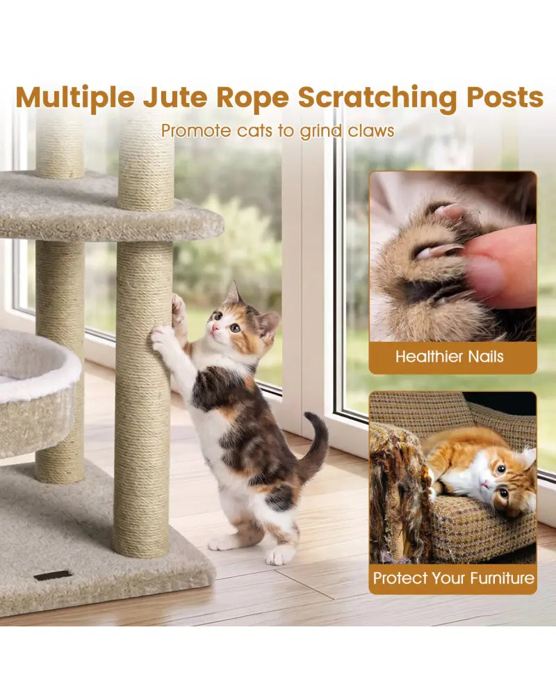 36’’ Carpeted Cat Tree with Plush Perches Scratching Posts and Dangling Ball - Cat Trees Condos & Scratchers