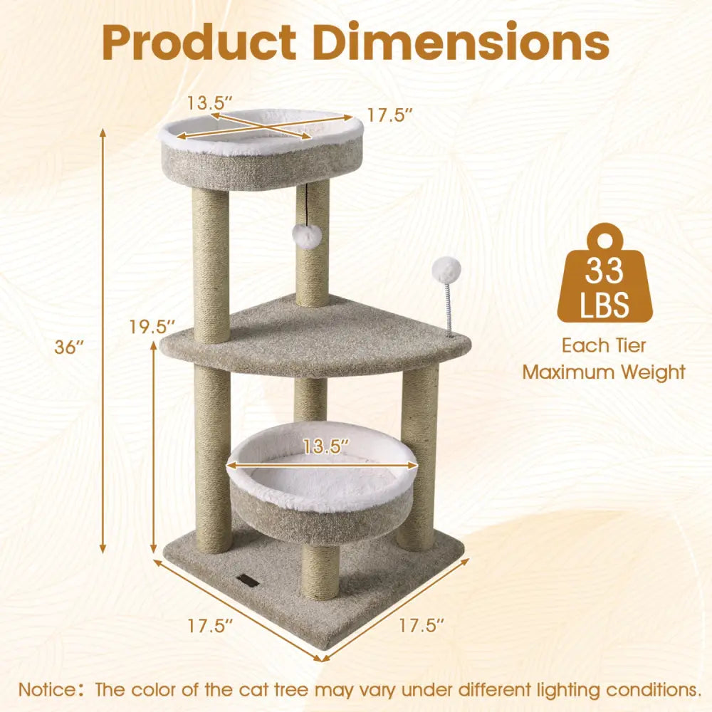 36’’ Carpeted Cat Tree with Plush Perches Scratching Posts and Dangling Ball - Cat Trees Condos & Scratchers