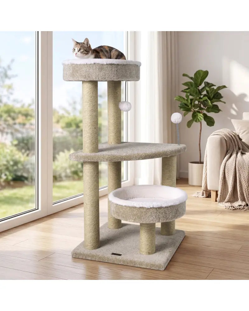 36’’ Carpeted Cat Tree with Plush Perches Scratching Posts and Dangling Ball - Cat Trees Condos & Scratchers