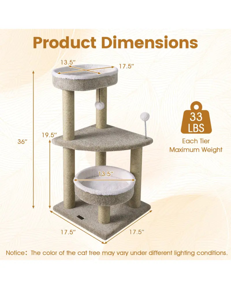 36’’ Carpeted Cat Tree with Plush Perches Scratching Posts and Dangling Ball - Cat Trees Condos & Scratchers