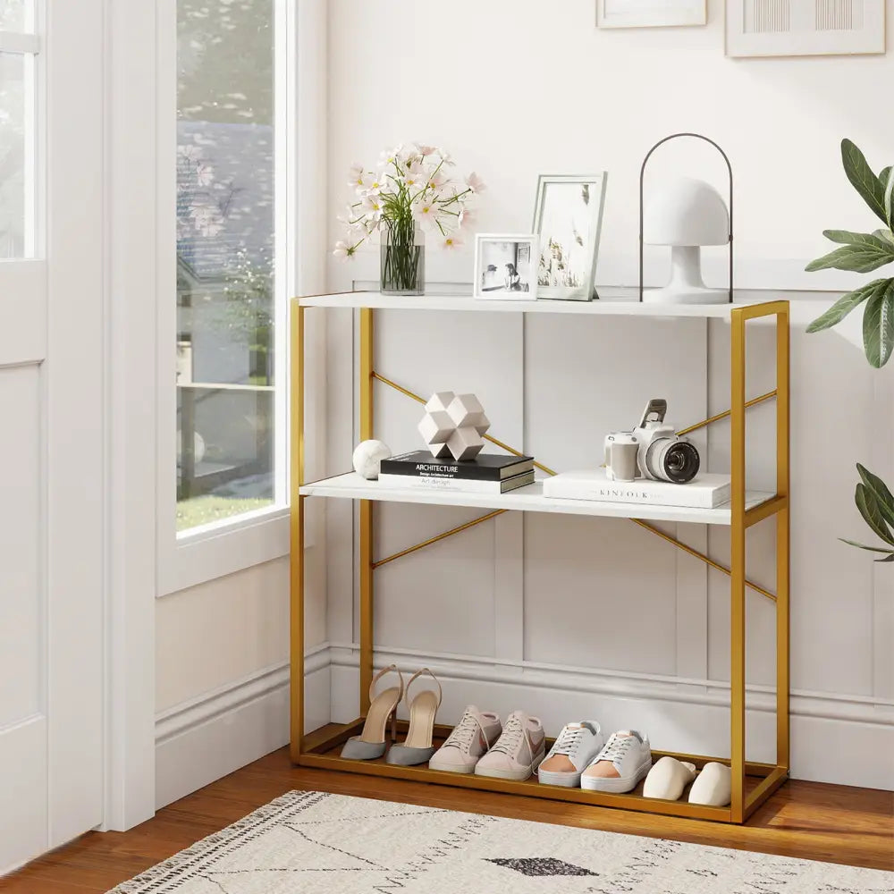 36’’ Console Table 2-Tier Entryway Table with Wooden Open Shelves and Metal Frame-White - White - Console Tables