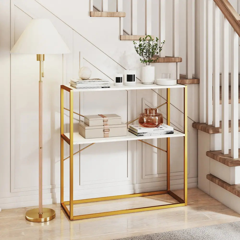 36’’ Console Table 2-Tier Entryway Table with Wooden Open Shelves and Metal Frame-White - White - Console Tables