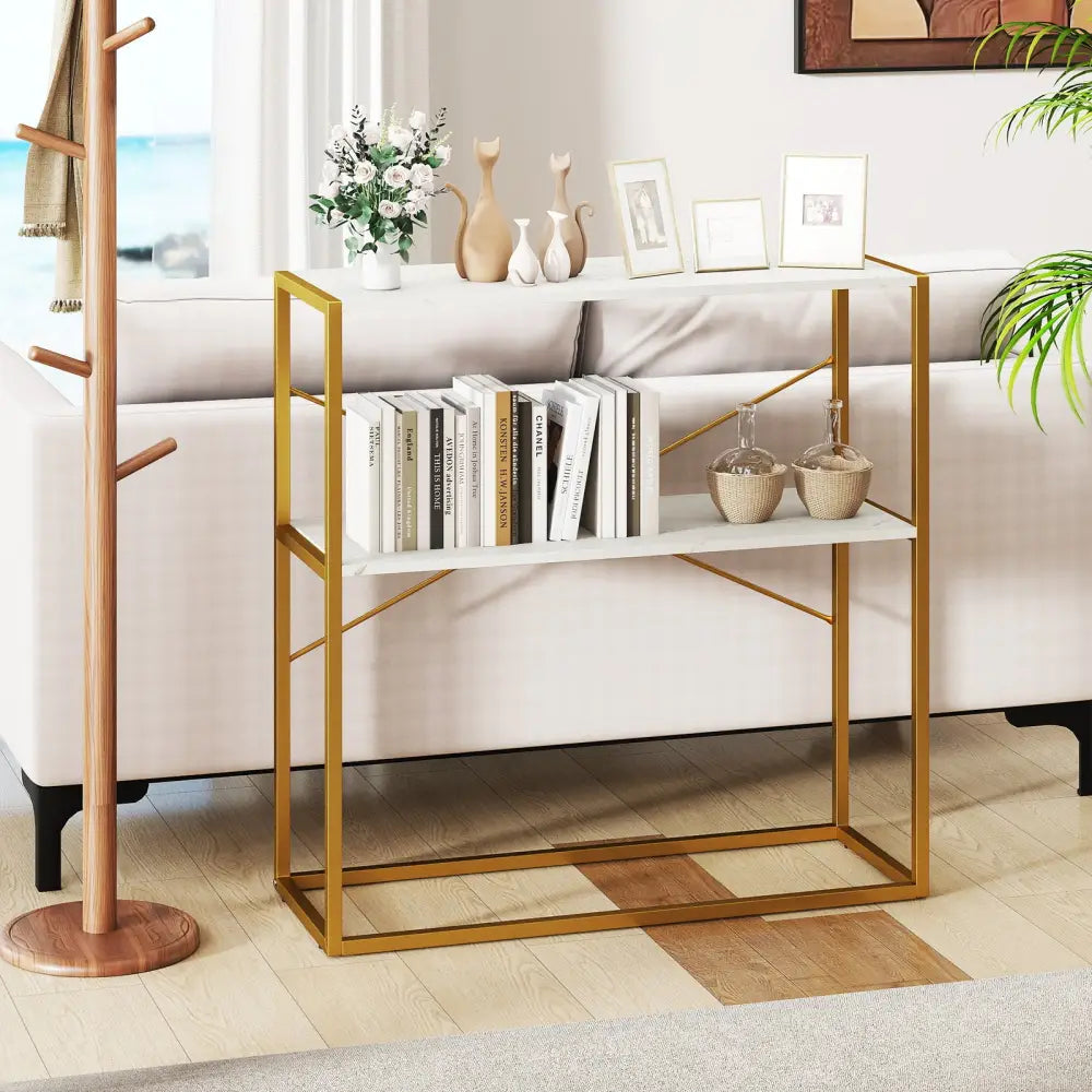 36’’ Console Table 2-Tier Entryway Table with Wooden Open Shelves and Metal Frame-White - White - Console Tables
