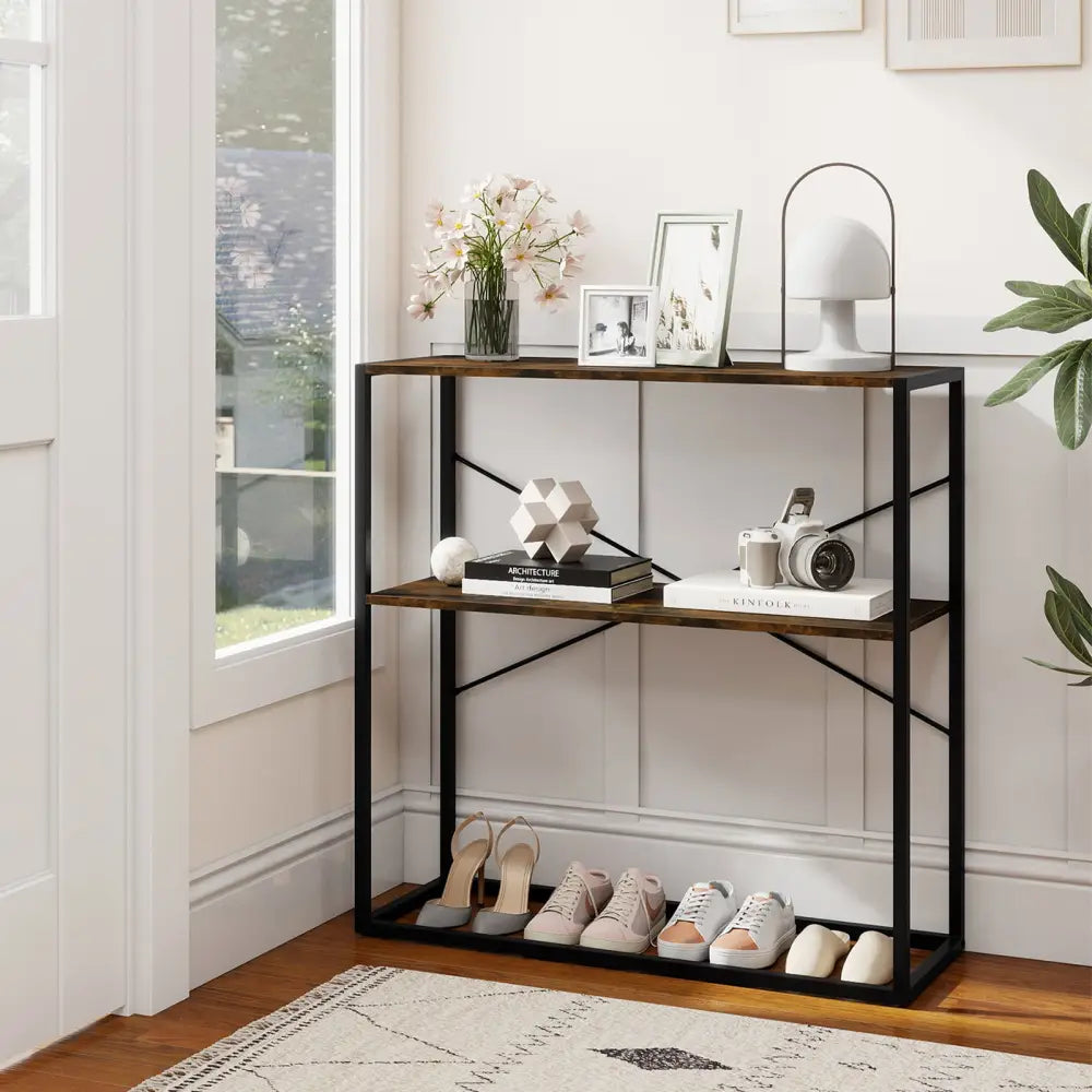 36’’ Console Table 2-Tier Entryway Table with Wooden Open Shelves and Metal Frame-Rustic Brown - Rustic Brown - Console