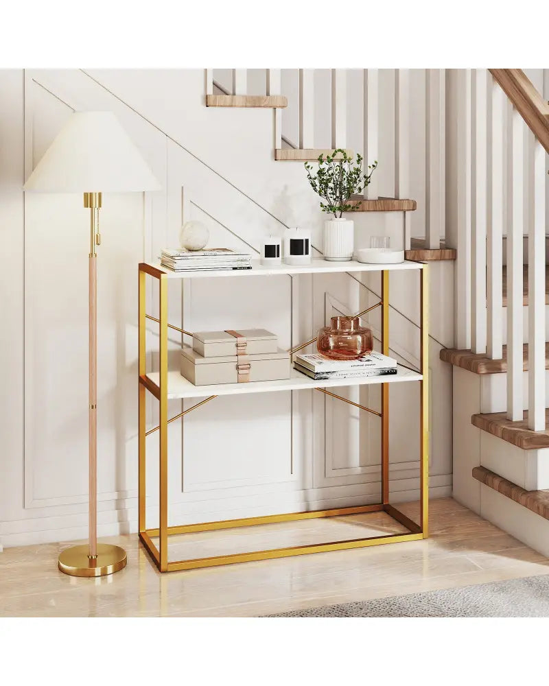 36’’ Console Table 2-Tier Entryway Table with Wooden Open Shelves and Metal Frame-White - White - Console Tables