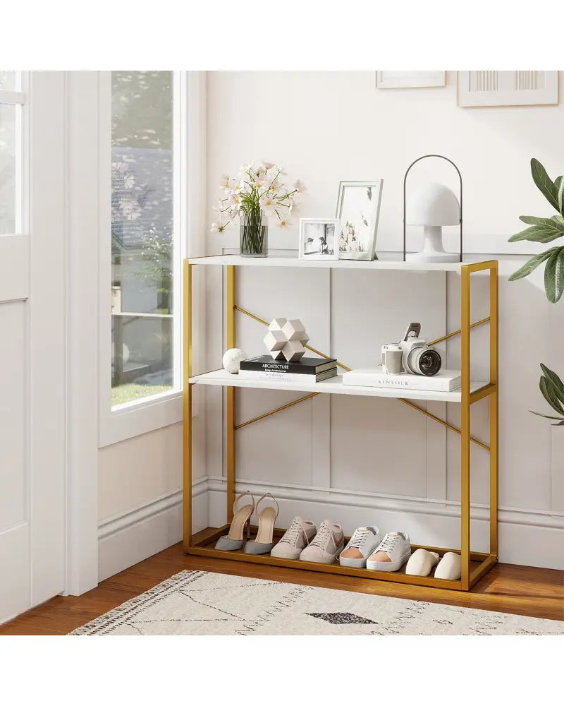 36’’ Console Table 2-Tier Entryway Table with Wooden Open Shelves and Metal Frame-White - White - Console Tables