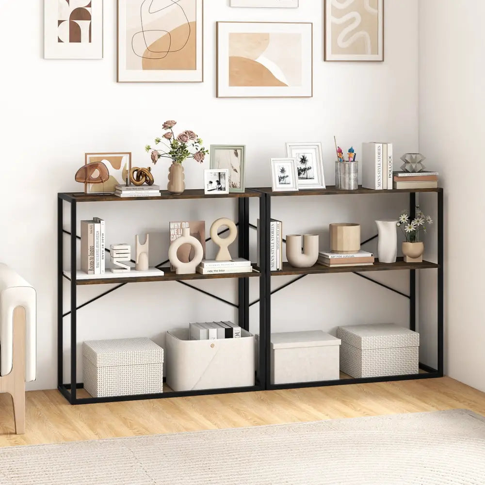 36’’ Console Table 2-Tier Entryway Table with Wooden Open Shelves and Metal Frame-Rustic Brown - Rustic Brown - Console