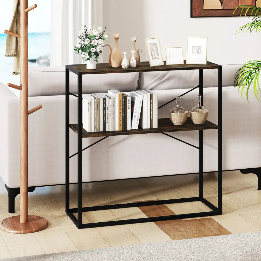 36’’ Console Table 2-Tier Entryway Table with Wooden Open Shelves and Metal Frame-Rustic Brown - Rustic Brown - Console