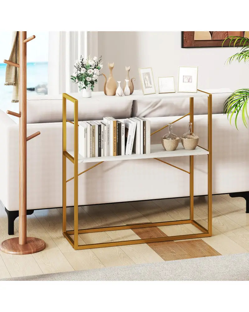 36’’ Console Table 2-Tier Entryway Table with Wooden Open Shelves and Metal Frame-White - White - Console Tables