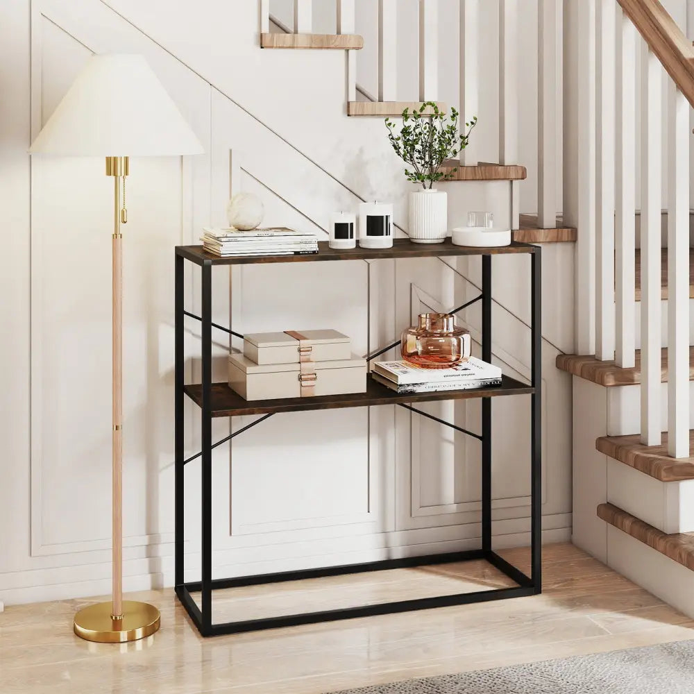 36’’ Console Table 2-Tier Entryway Table with Wooden Open Shelves and Metal Frame-Rustic Brown - Rustic Brown - Console