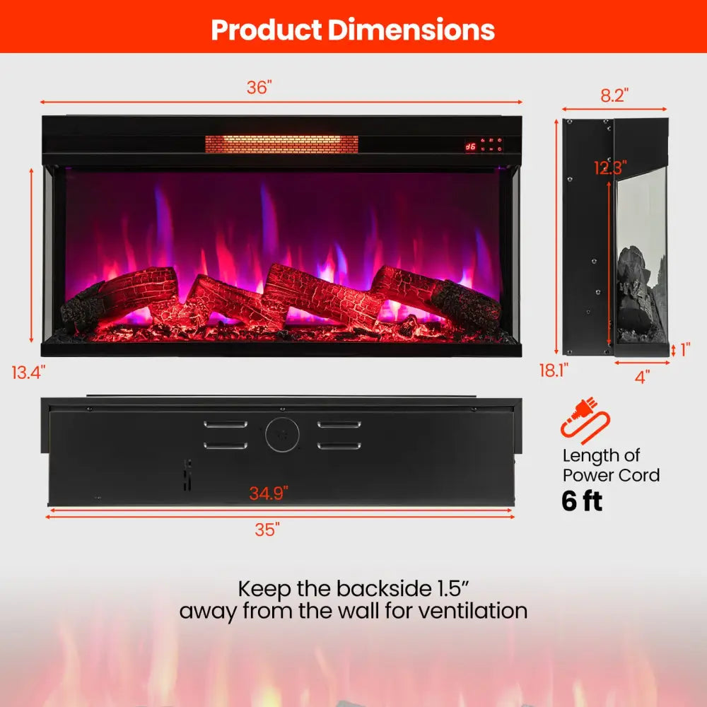 36 Inch 3-Sided 1500W Electric Fireplace with 7-Color Flame-Black - Black - Fireplaces