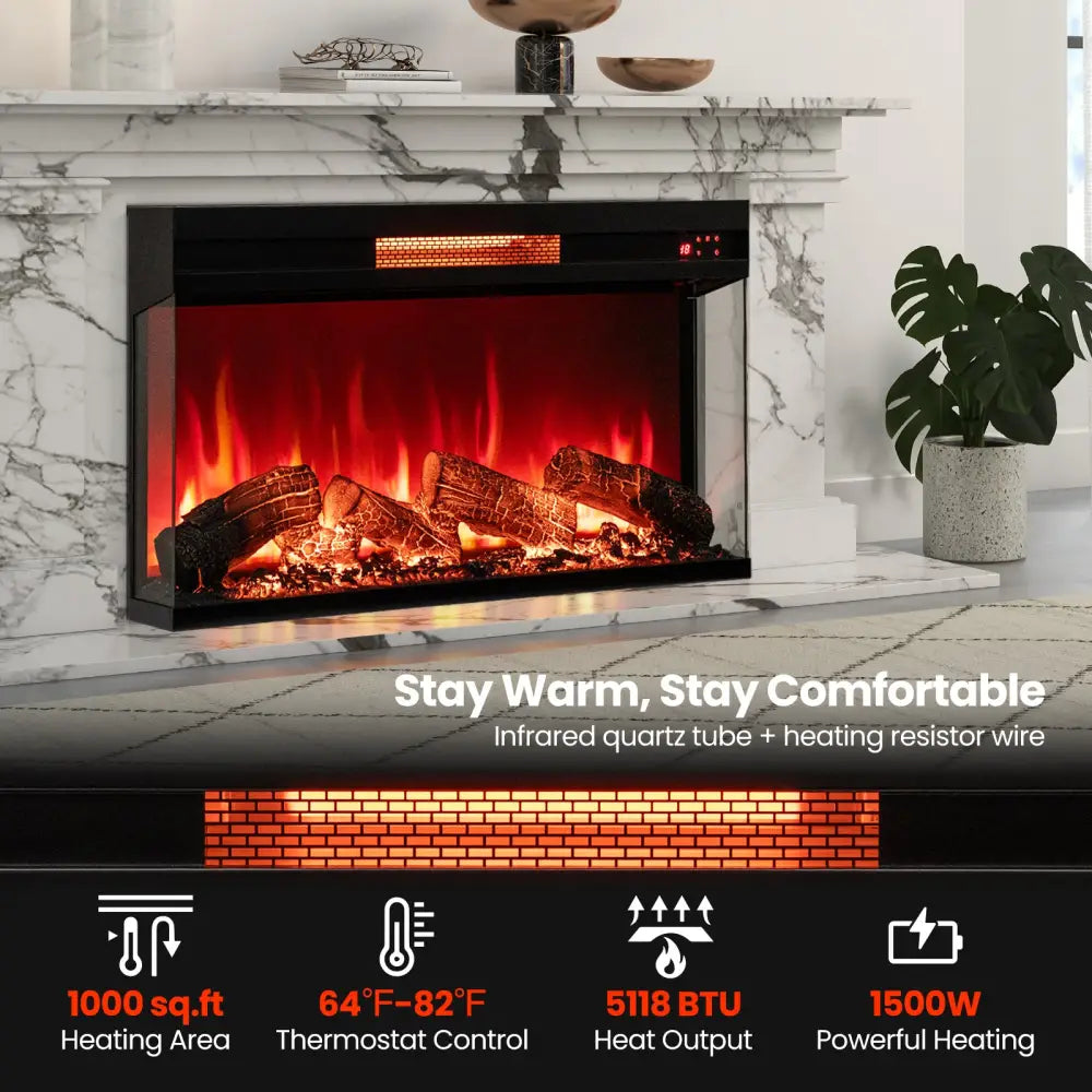 36 Inch 3-Sided 1500W Electric Fireplace with 7-Color Flame-Black - Black - Fireplaces