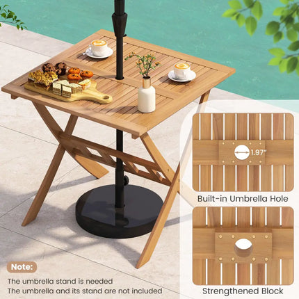 36-Inch Acacia Wood Folding Patio Dining Table with Umbrella Hole for 4 People - Patio Dining Tables