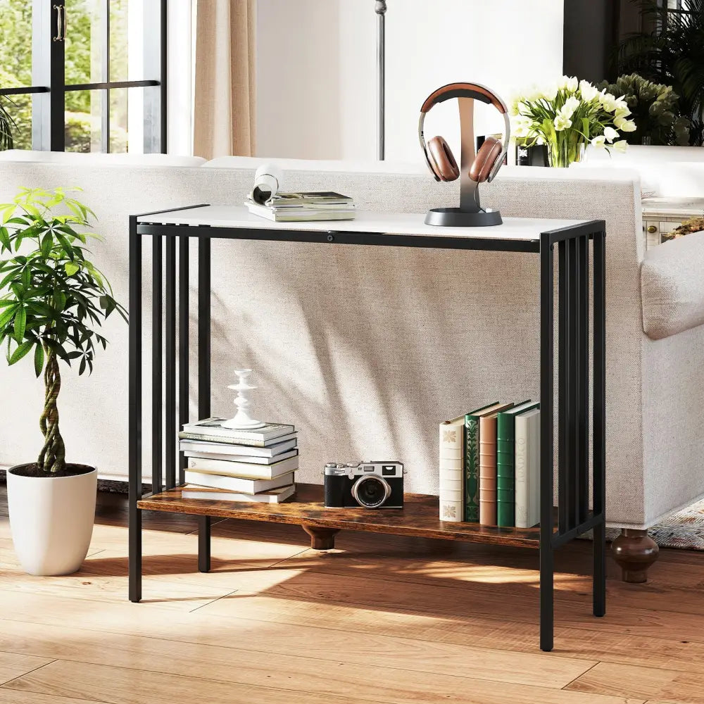36 Inch Console Table 2-Tier Industrial Foyer Table with Sintered Stone Tabletop - Multicolor - Console Tables