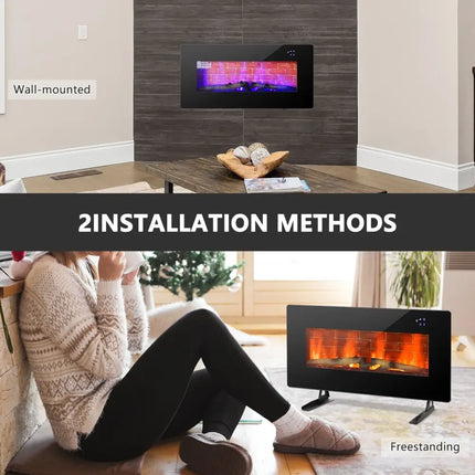 36 Inch Electric Wall Mounted Freestanding Fireplace with Remote Control - Black - Oasis Home Essentials