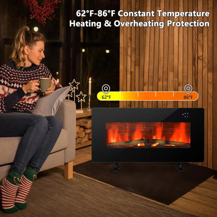 36 Inch Electric Wall Mounted Freestanding Fireplace with Remote Control - Black - Oasis Home Essentials