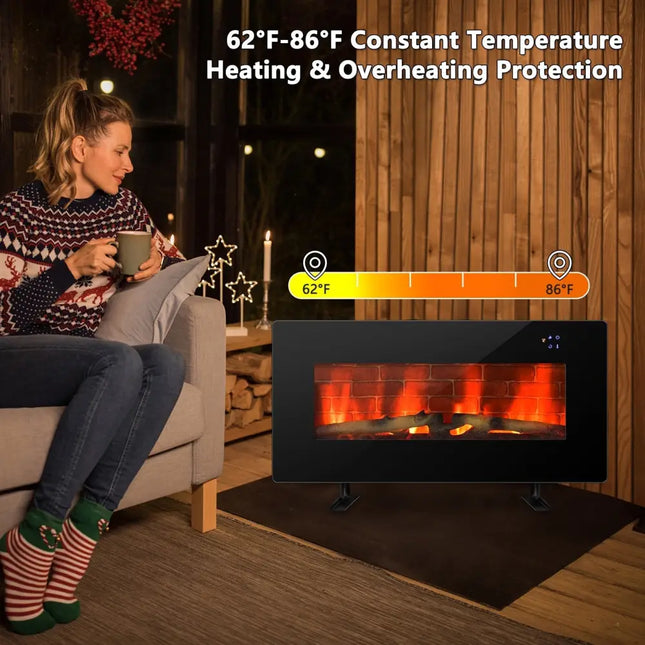 36 Inch Electric Wall Mounted Freestanding Fireplace with Remote Control - Black - Oasis Home Essentials