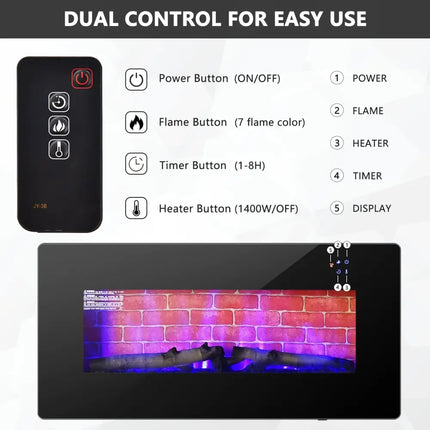 36 Inch Electric Wall Mounted Freestanding Fireplace with Remote Control - Black - Oasis Home Essentials