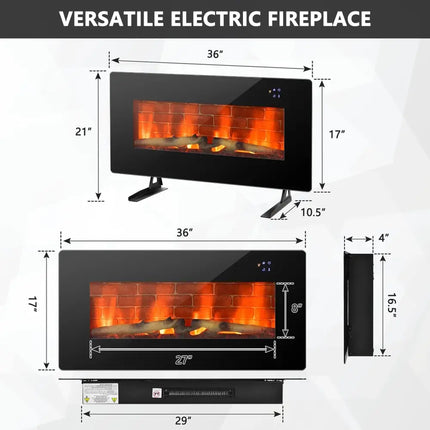 36 Inch Electric Wall Mounted Freestanding Fireplace with Remote Control - Black - Oasis Home Essentials