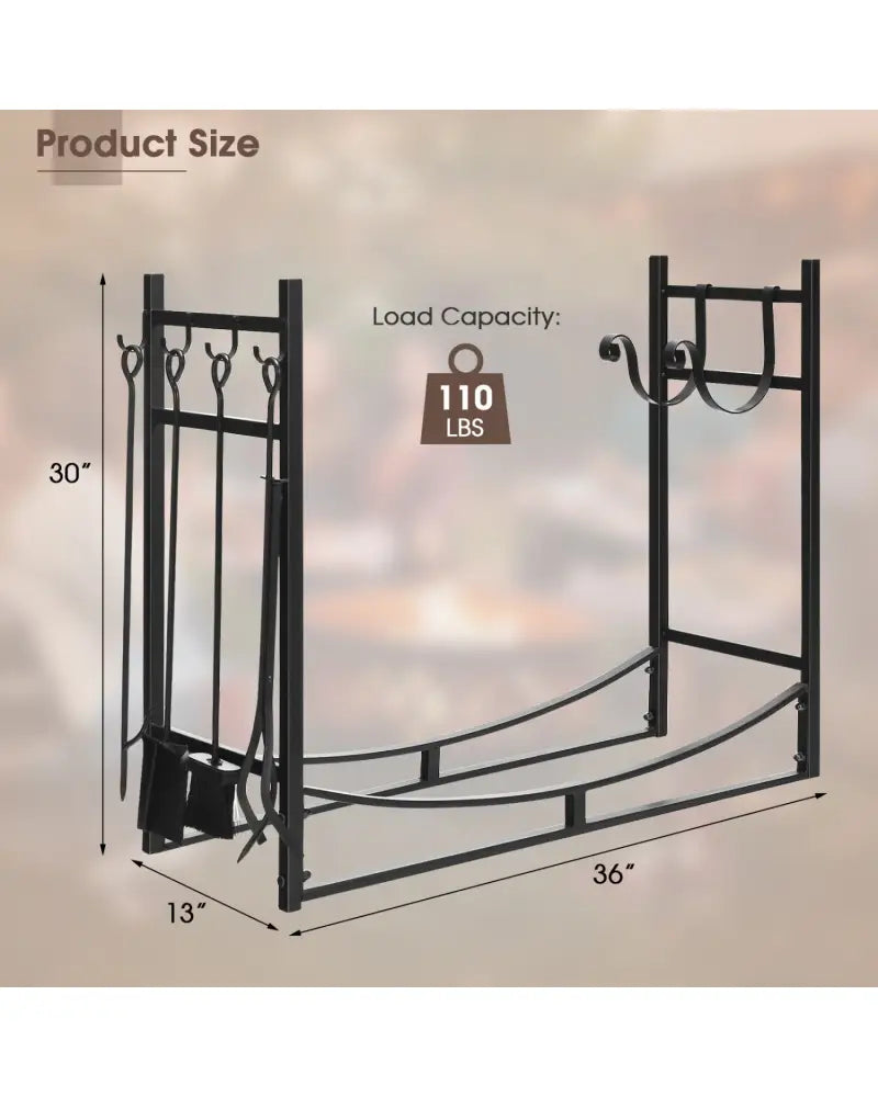 36 Inch Fireplace Log Holder with Kindling Holders and Shovel - Black - Log Storage
