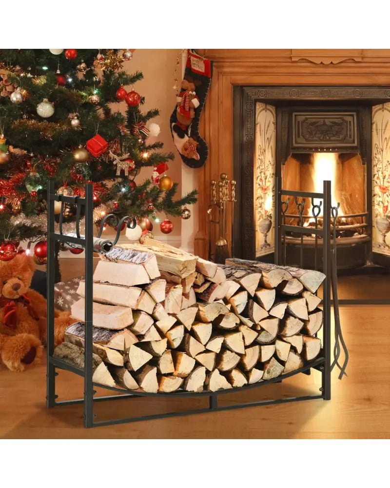 36 Inch Fireplace Log Holder with Kindling Holders and Shovel - Black - Log Storage