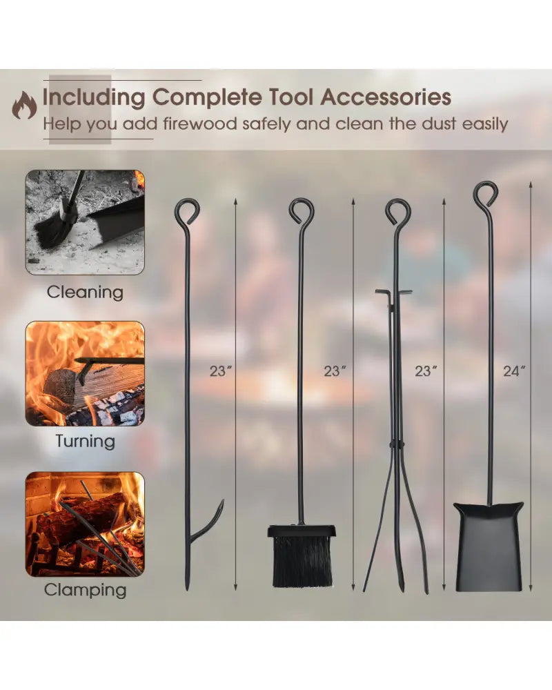 36 Inch Fireplace Log Holder with Kindling Holders and Shovel - Black - Log Storage