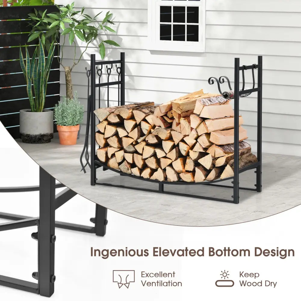 36 Inch Fireplace Log Holder with Kindling Holders and Shovel - Black - Log Storage