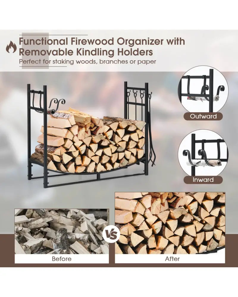 36 Inch Fireplace Log Holder with Kindling Holders and Shovel - Black - Log Storage
