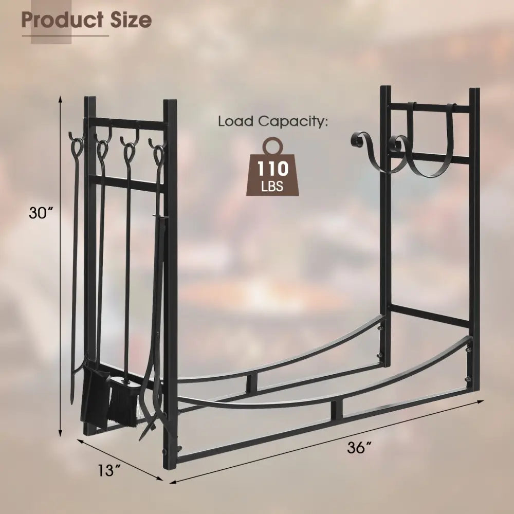 36 Inch Fireplace Log Holder with Kindling Holders and Shovel - Black - Log Storage
