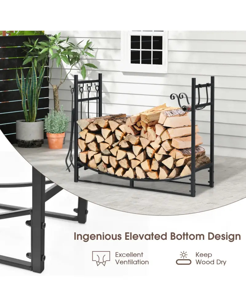 36 Inch Fireplace Log Holder with Kindling Holders and Shovel - Black - Log Storage