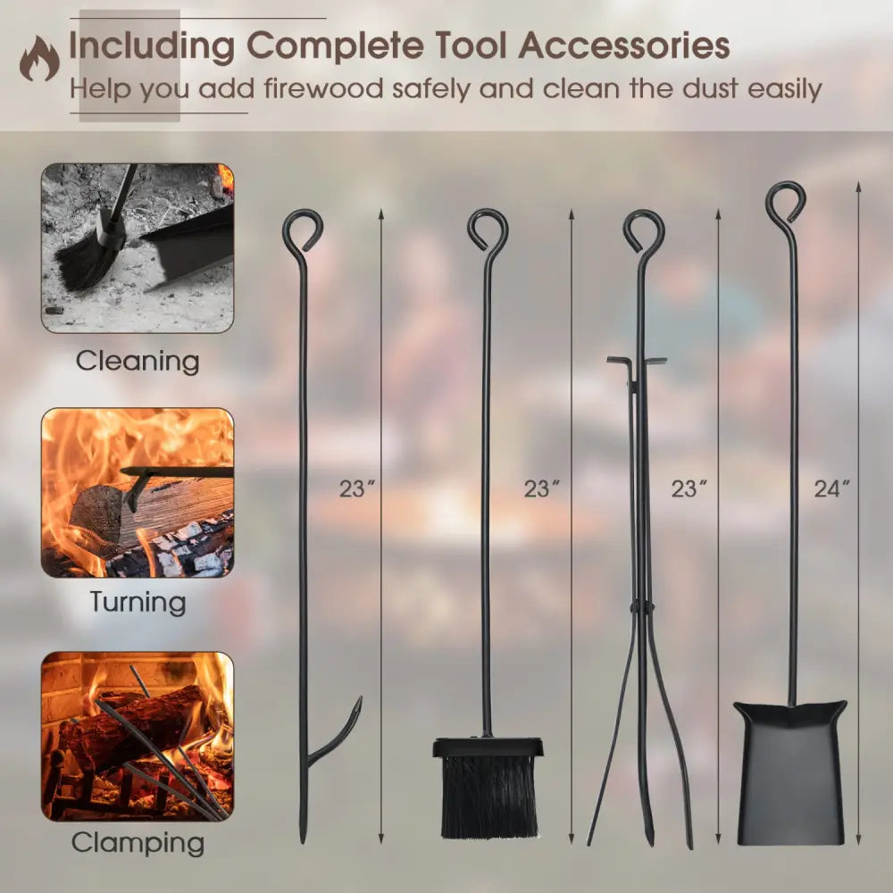 36 Inch Fireplace Log Holder with Kindling Holders and Shovel - Black - Log Storage