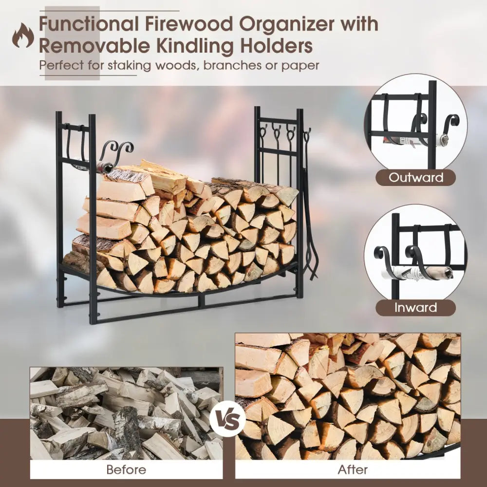 36 Inch Fireplace Log Holder with Kindling Holders and Shovel - Black - Log Storage