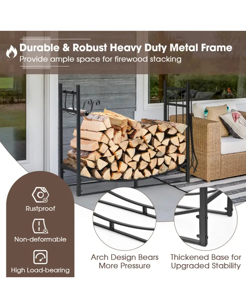 36 Inch Fireplace Log Holder with Kindling Holders and Shovel - Black - Log Storage