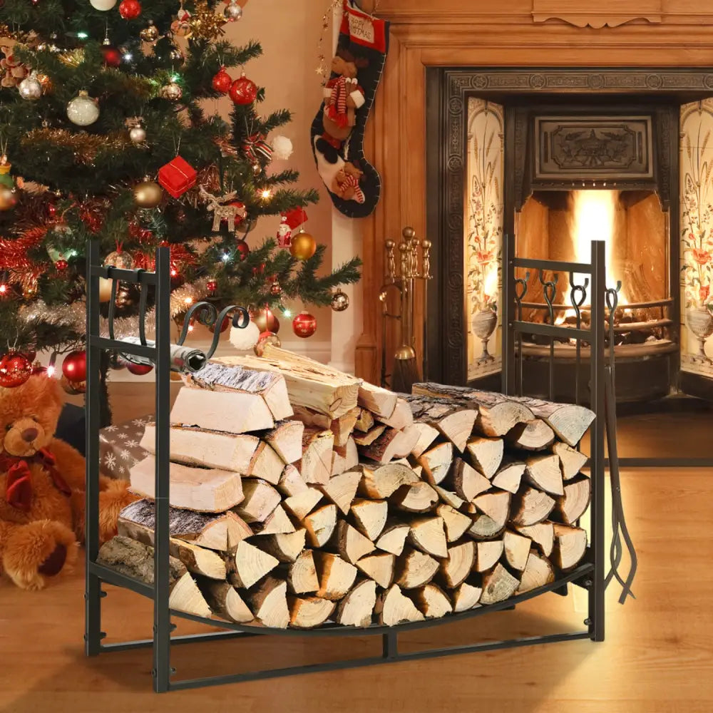 36 Inch Fireplace Log Holder with Kindling Holders and Shovel - Black - Log Storage