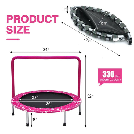 36 Inch Kids Trampoline Mini Rebounder with Full Covered Handrail -Pink - Pink - Trampolines