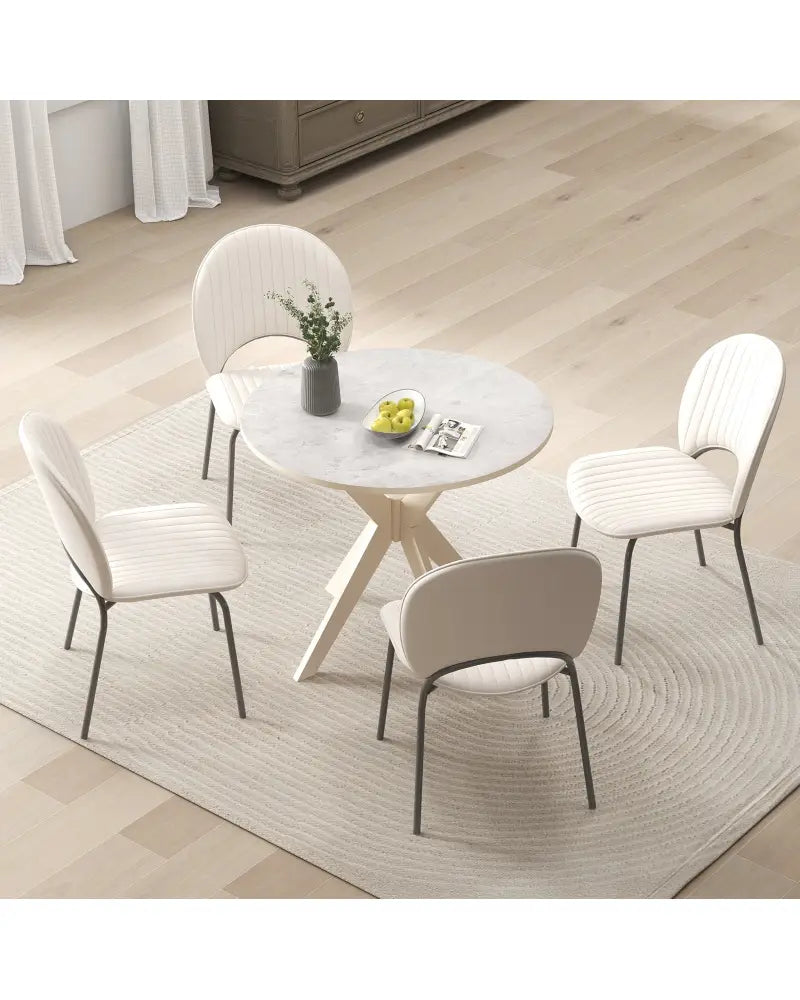 36-Inch Mid Century Modern Kitchen Table with Faux Marble Tabletop and Solid Rubber Wood Legs-White - White - Dining