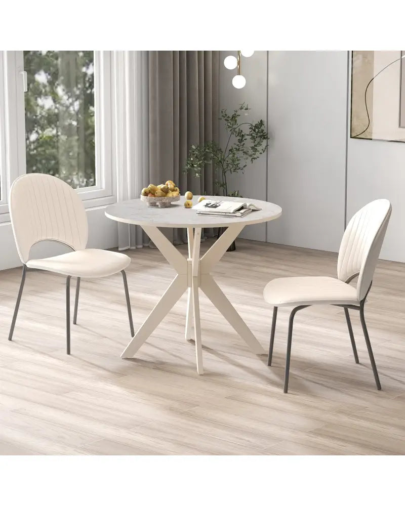 36-Inch Mid Century Modern Kitchen Table with Faux Marble Tabletop and Solid Rubber Wood Legs-White - White - Dining