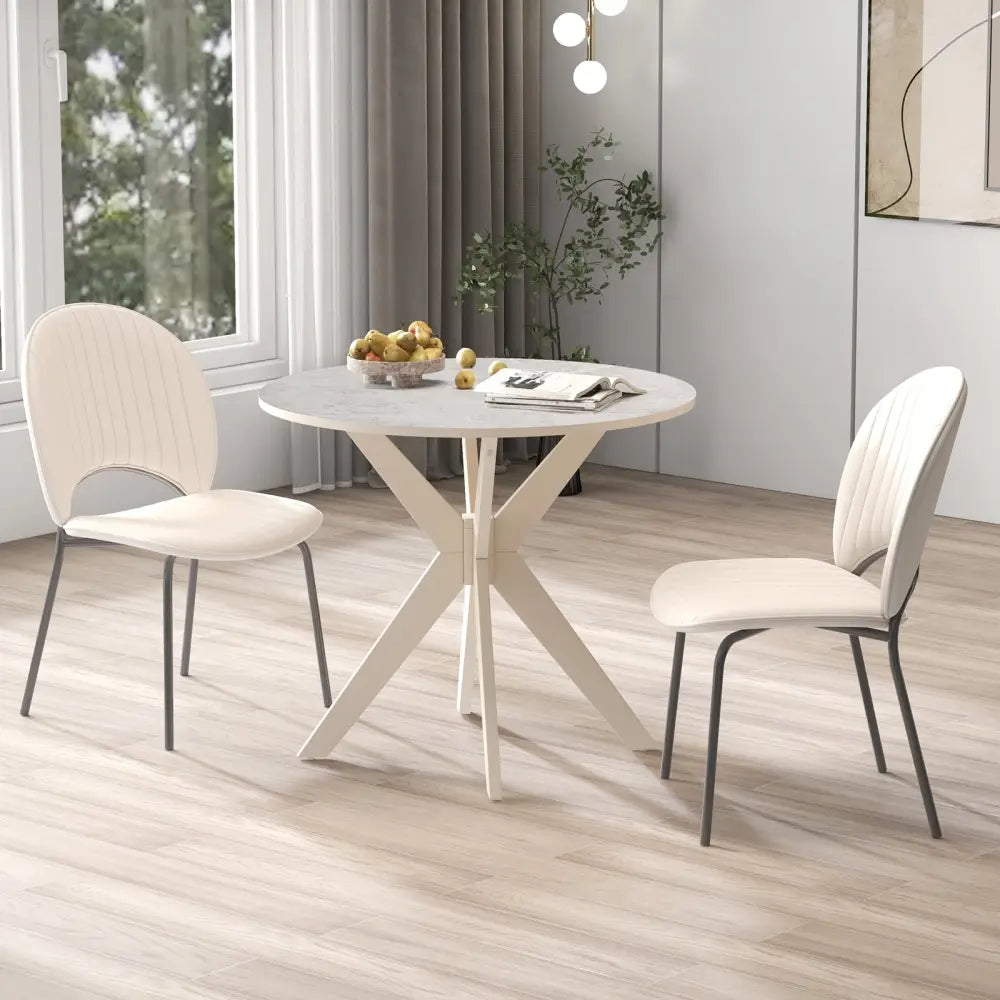 36-Inch Mid Century Modern Kitchen Table with Faux Marble Tabletop and Solid Rubber Wood Legs-White - White - Dining