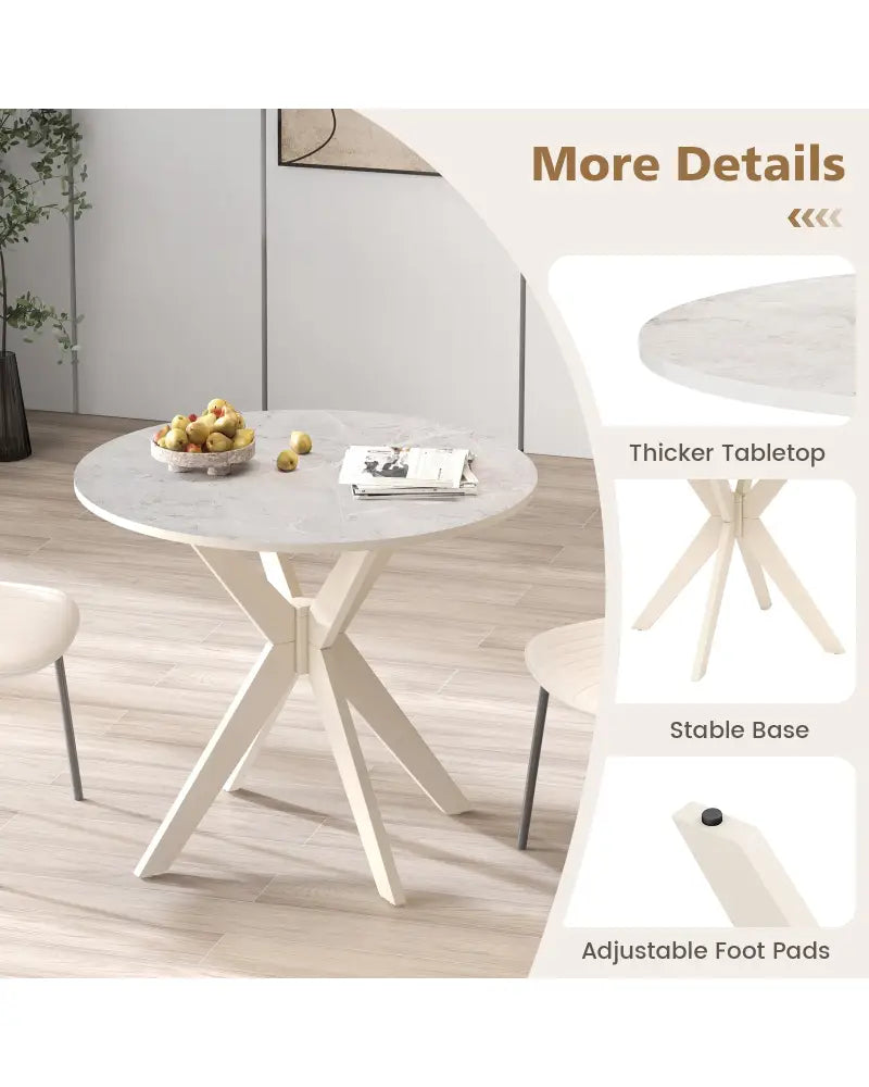 36-Inch Mid Century Modern Kitchen Table with Faux Marble Tabletop and Solid Rubber Wood Legs-White - White - Dining