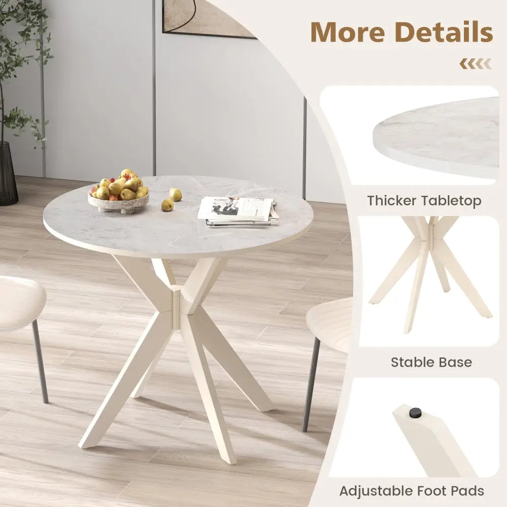 36-Inch Mid Century Modern Kitchen Table with Faux Marble Tabletop and Solid Rubber Wood Legs-White - White - Dining
