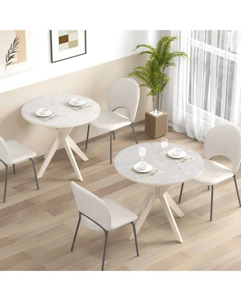 36-Inch Mid Century Modern Kitchen Table with Faux Marble Tabletop and Solid Rubber Wood Legs-White - White - Dining