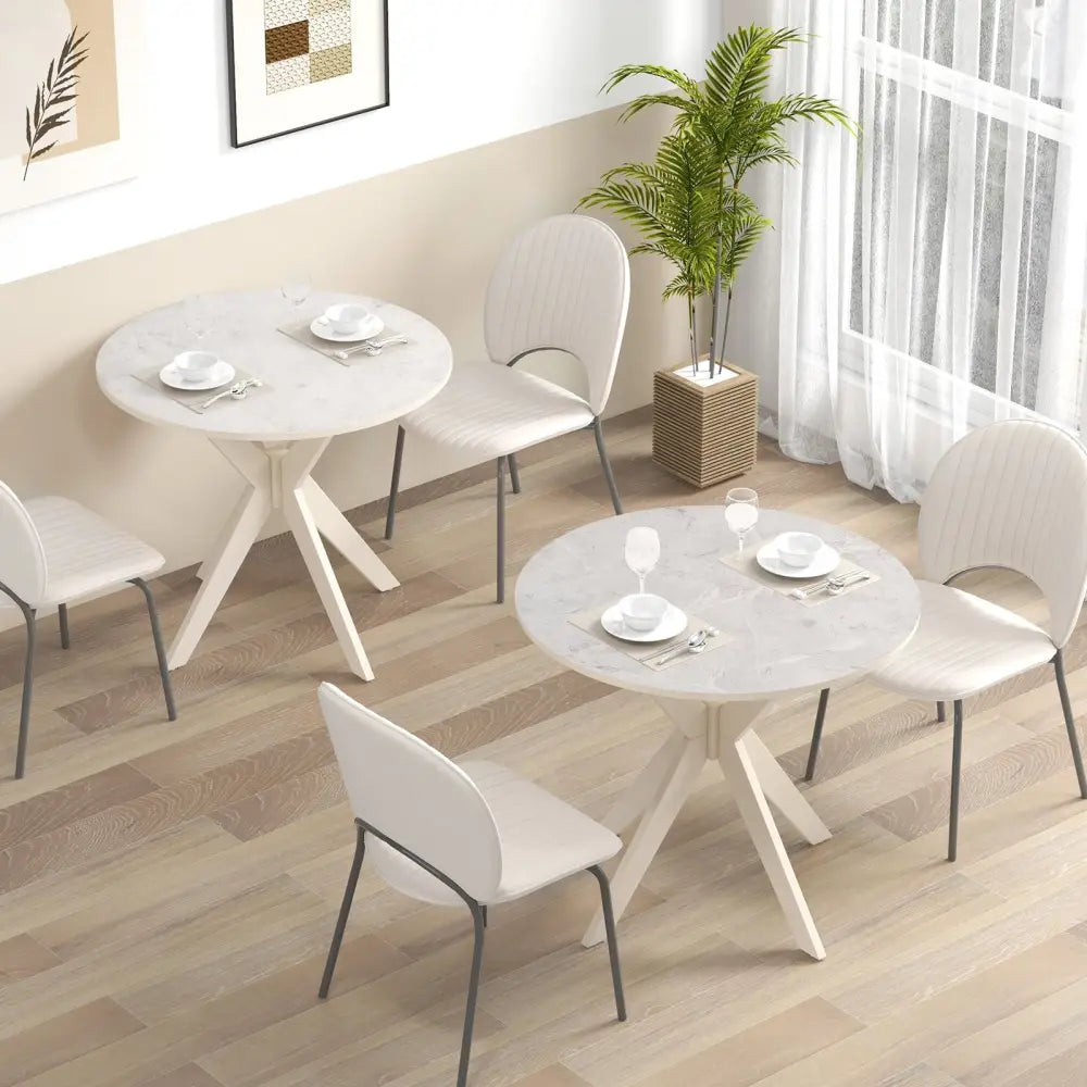 36-Inch Mid Century Modern Kitchen Table with Faux Marble Tabletop and Solid Rubber Wood Legs-White - White - Dining