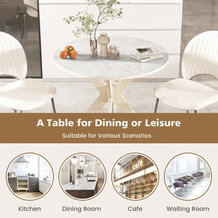 36-Inch Mid Century Modern Kitchen Table with Faux Marble Tabletop and Solid Rubber Wood Legs-White Costway