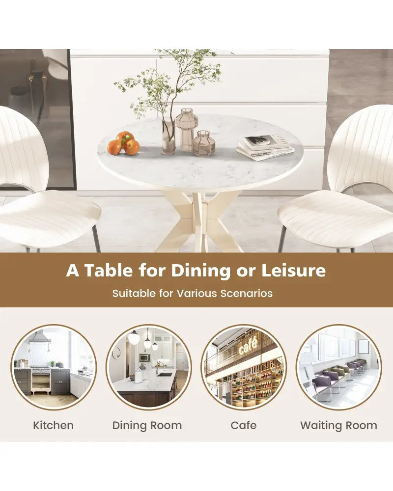 36-Inch Mid Century Modern Kitchen Table with Faux Marble Tabletop and Solid Rubber Wood Legs-White - White - Dining