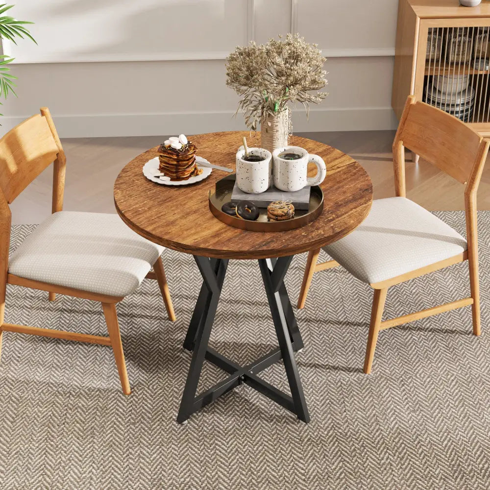 36 Inch Round Dining Table with Metal Pedestal Base-Rustic Brown - Rustic Brown - Dining Tables