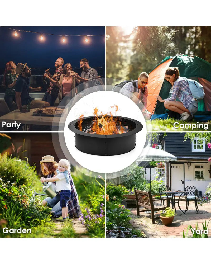 36 inch Round Steel Fire Pit Ring Line for Outdoor Backyard - Black - Fire Pits