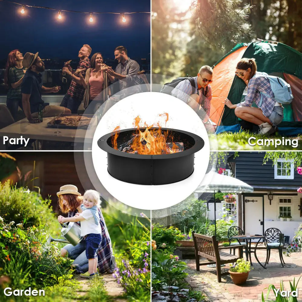 36 inch Round Steel Fire Pit Ring Line for Outdoor Backyard - Black - Fire Pits