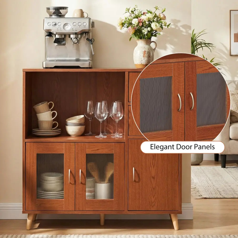 36 Inch Sideboard Buffet Cabinet with Open Compartment-Brown - Brown - Sideboards Cabinets & Buffets