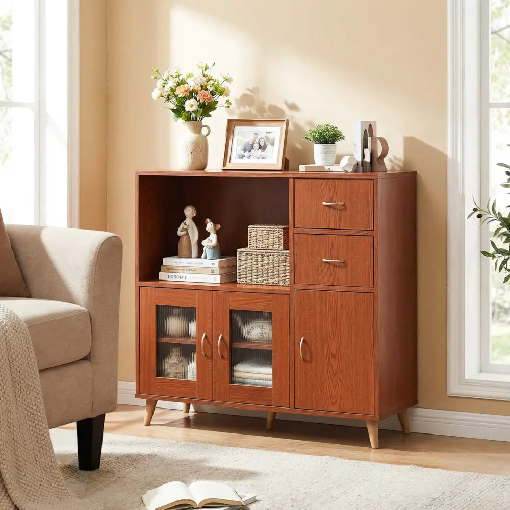 36 Inch Sideboard Buffet Cabinet with Open Compartment-Brown - Brown - Sideboards Cabinets & Buffets