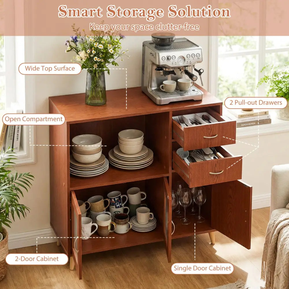 36 Inch Sideboard Buffet Cabinet with Open Compartment-Brown - Brown - Sideboards Cabinets & Buffets